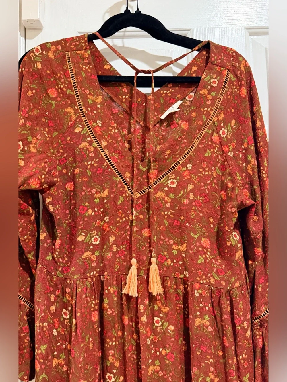 Easel Rust Floral Boho Tiered Maxi Dress with Tassel Tie - Picture 3 of 5